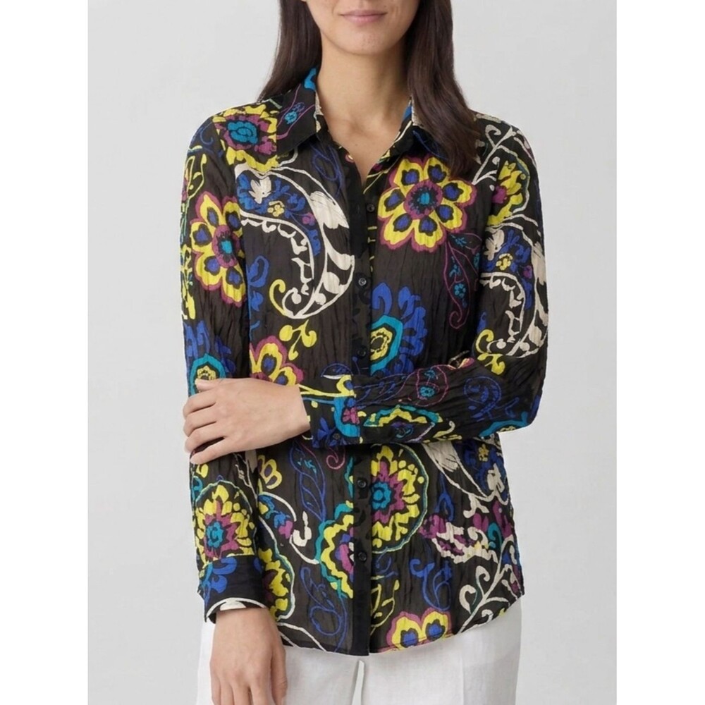 Chico's 100% Silk Crinkled Floral Print Long Sleeve Button Shirt Size 0 Small